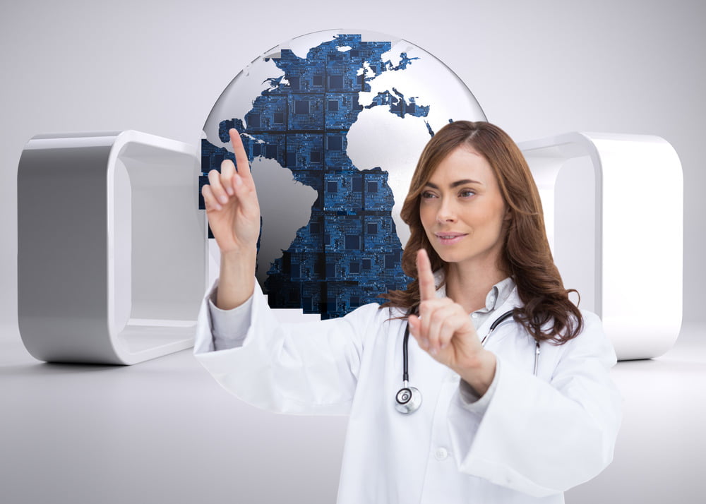 composite image happy brunette doctor pointing 1